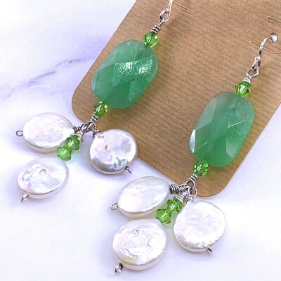 Spring Green Quartz and Coin Pearl Duster Earrings — E-0028 - image3